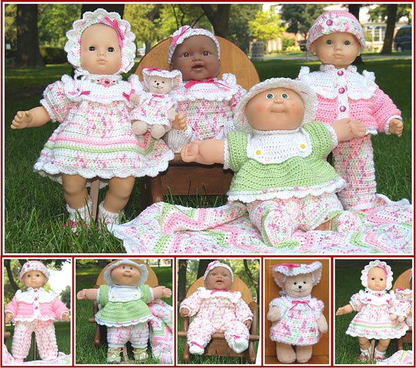 Rainbow Sherbet Layette fits 14-, 15-, and 16-inch baby dolls such as for 14-inch, 15-inch, and 16-inch baby dolls (chest approx. 12.5"- 14" measured around under arms), such as Bitty Baby, Berenguer babies, Cabbage Patch babies