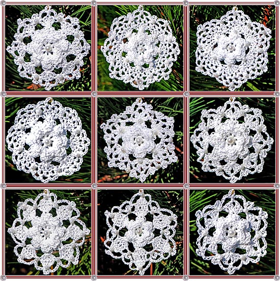 Crocheted rose-centered snowflakes on a background of pine needles