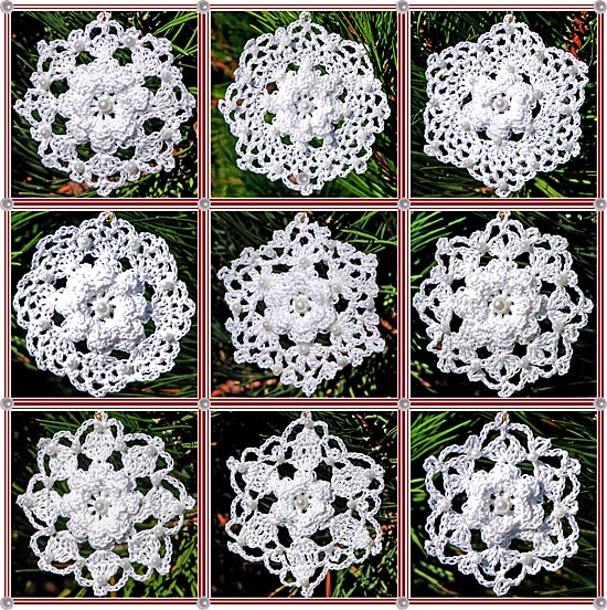 Crocheted rose-centered snowflakes on a background of pine needles