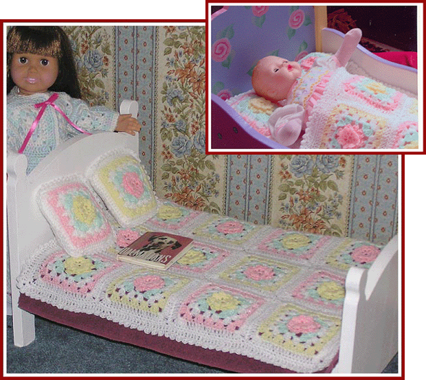 Dollys rose block blankie and pillow set fits doll bed for 18" doll or crib for 15" doll