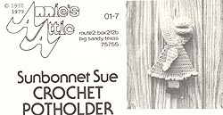 Original black and white version of Annie's Attic Sunbonnet Sue Potholder.
