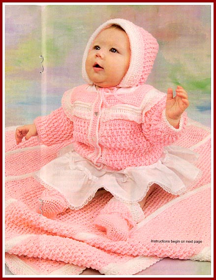 Post Stitch baby layette pattern set includes blanket, bonnet, booties, bottle holder, and sweater