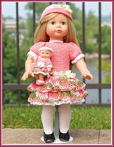 Spring and Blossom matching outfits for 18-inch little girl dolls and 5-inch baby dolls.