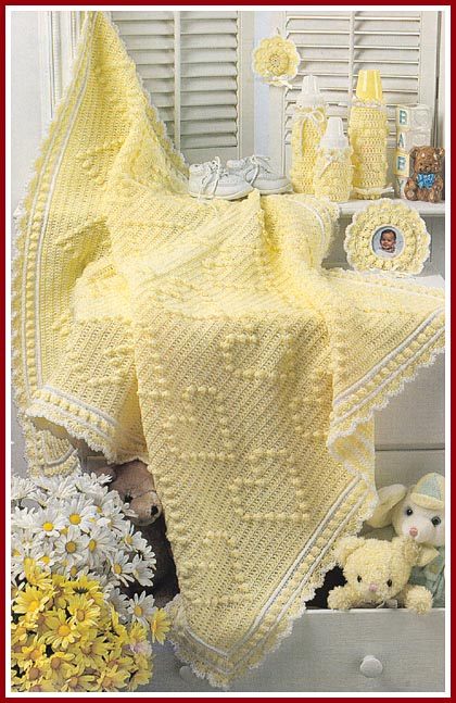 You Are My Sunshine baby afghan and nursery set featuring popcorn hearts